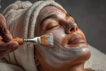 Woman getting facial care by beautician at spa salon. Face mask, spa beauty treatment, skincare.
