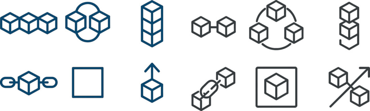 Different geometric shapes and icons display concepts in design and technology. The arrangement includes cubes, squares, and connecting elements, representing modularity and structure.