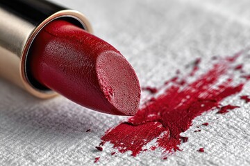 Authentic Red Lipstick Smeared on Textured Silver Background, Beauty Concept, geometric lines