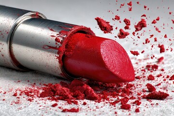 Authentic Red Lipstick Smeared on Textured Silver Background, Beauty Concept, geometric lines