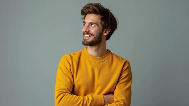 Portrait of attractive self-assured with beaming shiny smile haircut with long furfur wearing casual classic color of mustard sweater macho man standing with folded arms isolated on gray bac.