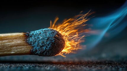 Authentic Close Up of Igniting Matchstick with Blue Smoke and Glowing Flame on Dark Background, geometric lines