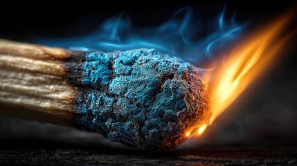 Authentic Close Up of Igniting Matchstick with Blue Smoke and Glowing Flame on Dark Background, geometric lines