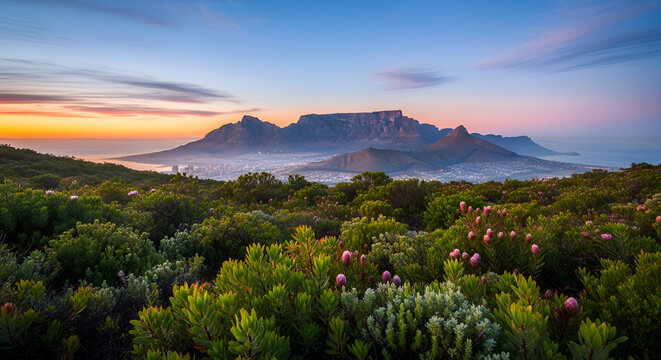 Majestic Table Mountain at Sunrise with Floral Fynbos Landscape in Cape Town