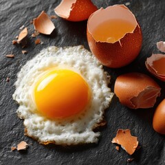 Authentic Fried Egg Sunny Side Up with Cracked Shells and Coarse Salt on Dark Slate Background, geometric lines