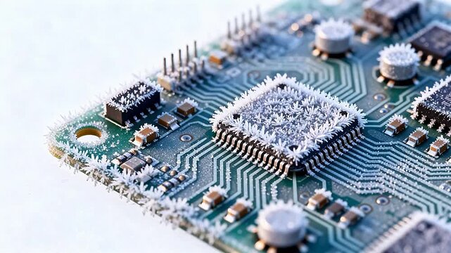 Frozen circuit board with ice crystals