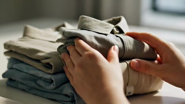 Hands neatly folding a stack of clean, ironed, and creased linen shirts in soft, neutral colors on a surface, emphasizing domestic chores and laundry care