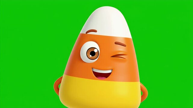 Cartoon Candy Corn Character on Green Screen - A 3D video cartoon candy corn character with a smiling face, arms, and yellow, orange, and white coloring stands against a green screen background.