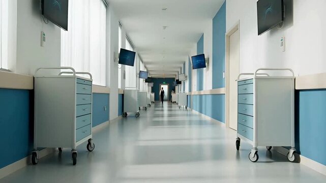 Clean and brightly lit hospital corridor with medical carts and monitors on the walls