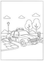 Coloring page of a police car parked on a city sidewalk for kids to enjoy © Inkartia