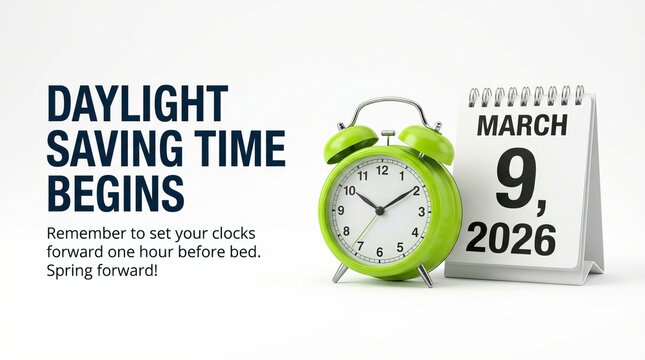 Daylight Saving Time Begins 2026 Concept with Alarm Clock and Calendar