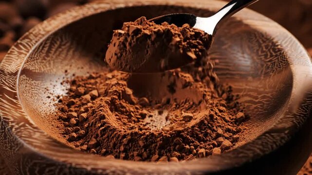 Close up view of cocoa powder being scooped from a wooden bowl with a metal spoon, food concept
