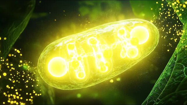 Stunning scientific illustration of photosynthesis inside a green plant leaf cell, with chloroplasts glowing as they capture solar energy and convert it into chemical energy for biofuel production.
