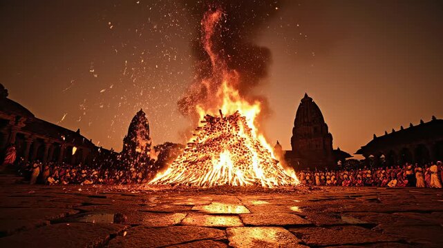 Massive holika dahan bonfire with intense flames and spark embers at night in a hindu temple courtyard, surrounded by people in india.