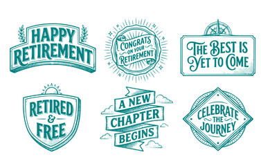 Obraz premium Black White Halftone Happy Retirement Golden Typography Celebration Set 6 Sketch Congratulations Lettering-Milestone Text Vector Set