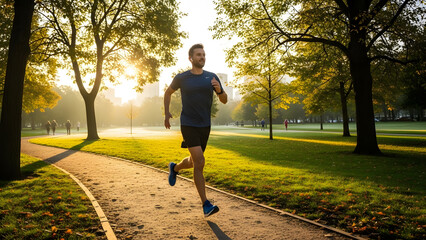 Fototapeta premium Young athletic man jogging along a winding path in a public park at sunrise