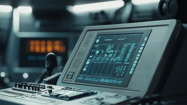 Futuristic control panel displaying complex schematics and data, visualizing advanced technology and providing a sophisticated interface for scientific or exploratory operations