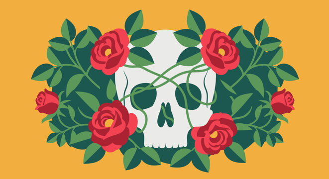 White skull surrounded by red roses and green leaves on orange background.