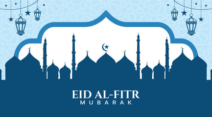Obraz premium Blue Framed Eid Mubarak Mosque Greeting Template