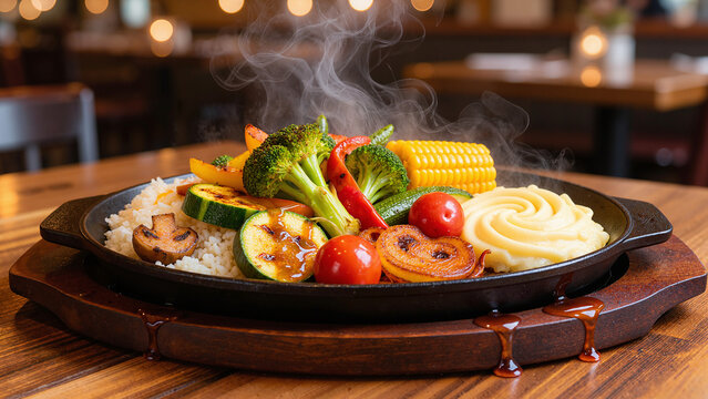 Hot Exotic Veg Sizzler on Cast Iron Plate with Steaming Grilled Vegetables and Rice
