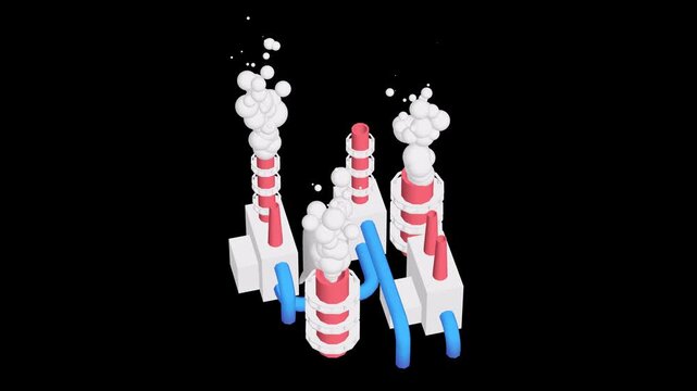 Industrial building factory facility power plant with smoke from chimney 3d render animation available in FullHD and 4K video