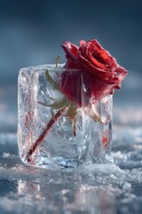 Red Rose Frozen Inside Clear Ice Cube, Preserved Beauty, Eternal Love, Heartbreak Metaphor, geometric lines