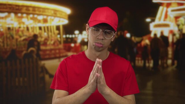 Man wearing a red cap and red shirt with clasped hands on street amid glowing carnival lights at night; remorse.