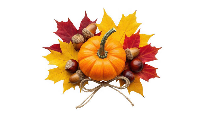 A vibrant orange pumpkin surrounded by colorful autumn leaves and acorns on transparent background
