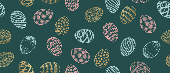 Seamless easter eggs pattern on green	
