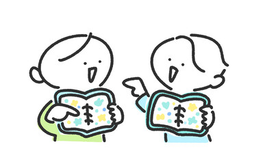 シール帳を使ってシール交換を楽しむ2人の男性キャラクターのかわいい手描きの線画