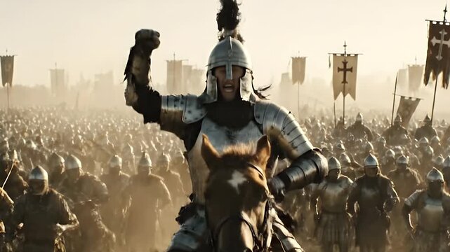 Epic Frontal View of Armored Commander Rallying Troops on Battlefield
