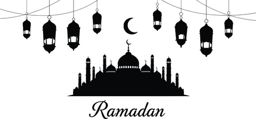 Naklejka premium Ramadan greeting with mosque silhouette and lanterns