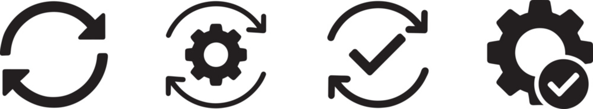 Refresh, settings and gear check icons set. Outline system control vector style.