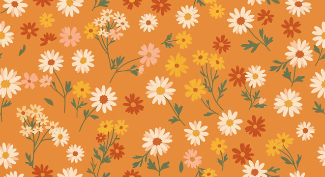 Vibrant floral pattern with daisies on orange background.