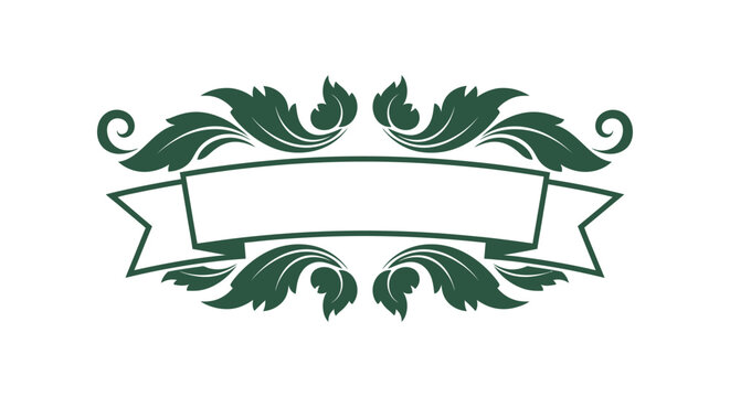 Ornate green ribbon banner with decorative flourishes and swirling elements.
