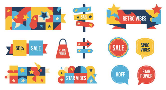 Vibrant Retro Style Sale Badges and Graphic Elements.
