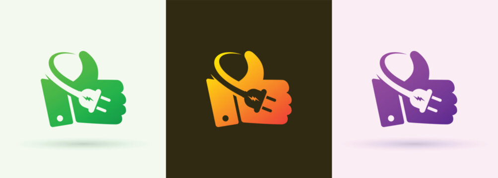    Thumbs up electric plug swoosh logo approval rating review technology service icon
