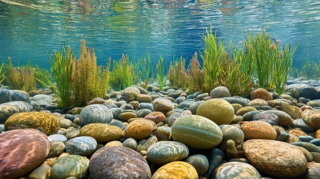 Underwater Riverbed Scene with Colorful Rocks, Green Algae and Clear Water in Natural Lighting