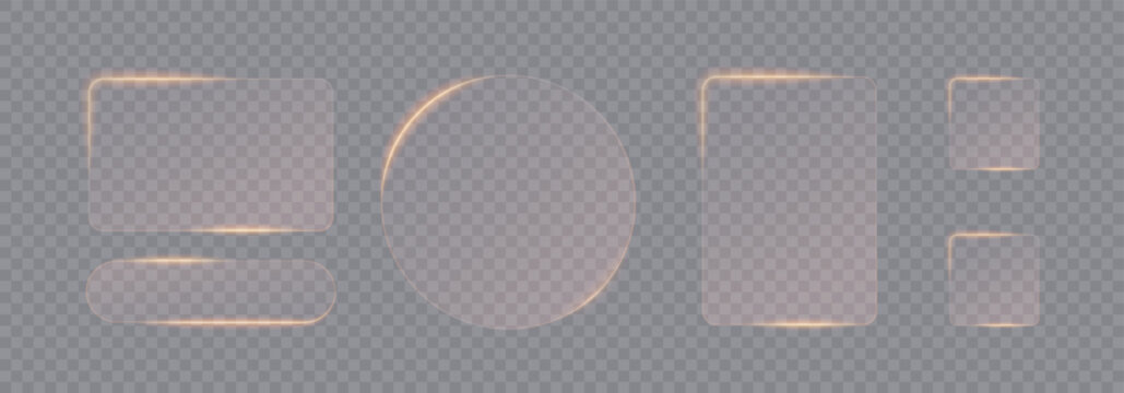 Gold light frame banner set on transparent background. Liquid glass plate for mobile phone ux, web interface, tech and hud. Rectangle and circle light frame with shine and reflect, vector illustration