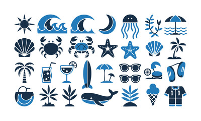 Obraz premium beach summer tropical doodle elements collection flat vector icons illustration, easily editable.