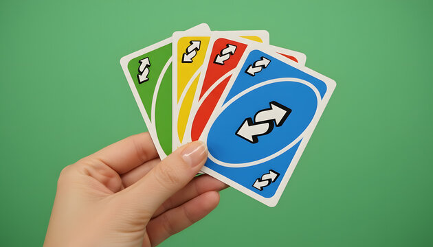 Hand Holding a Fan of Colorful UNO Reverse Cards on Green Background