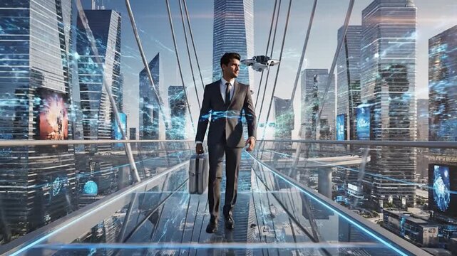 Businessman walking on a futuristic glass bridge in a modern city with digital