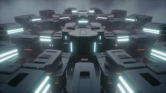 Futuristic modular pods radial layout glowing seamless surreal ambience cascading softly glowing abstract unique style ultra realistic loop
