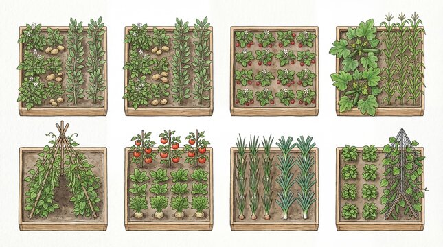Garden beds displaying various organic vegetables and fruits growing in different configurations, illustrating a practical concept for home gardening and sustainable agriculture