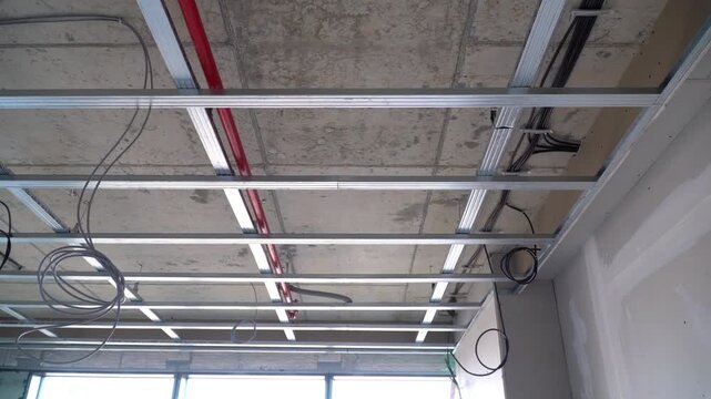 Metal frame for suspended ceiling installation.