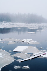 Winter river with drifting ice floes and foggy forest landscape © Alexander