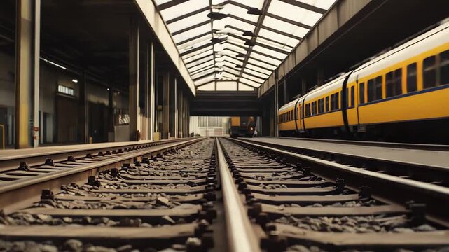 Railway tracks extending through an indoor train shed, featuring a low angle perspective emphasizing travel, transportation, and industrial infrastructure with metal rails and wooden sleepers