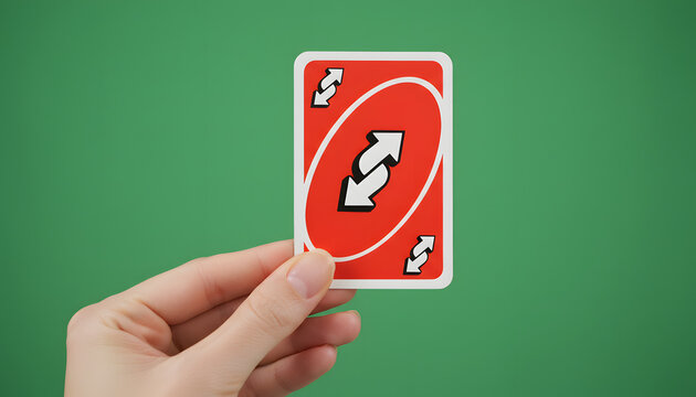 Hand Holding a Red UNO Reverse Card Against a Green Background