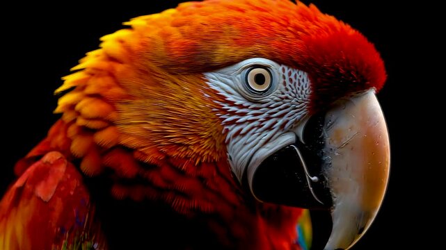 Vibrant Scarlet Macaw Portrait with Detailed Feathers and Intense Gaze Against Dark Background in Tropical Wildlife Setting
