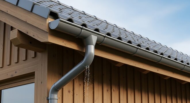 Close-up of a building's gutter system, water flowing, against a wooden facade and tiled roof